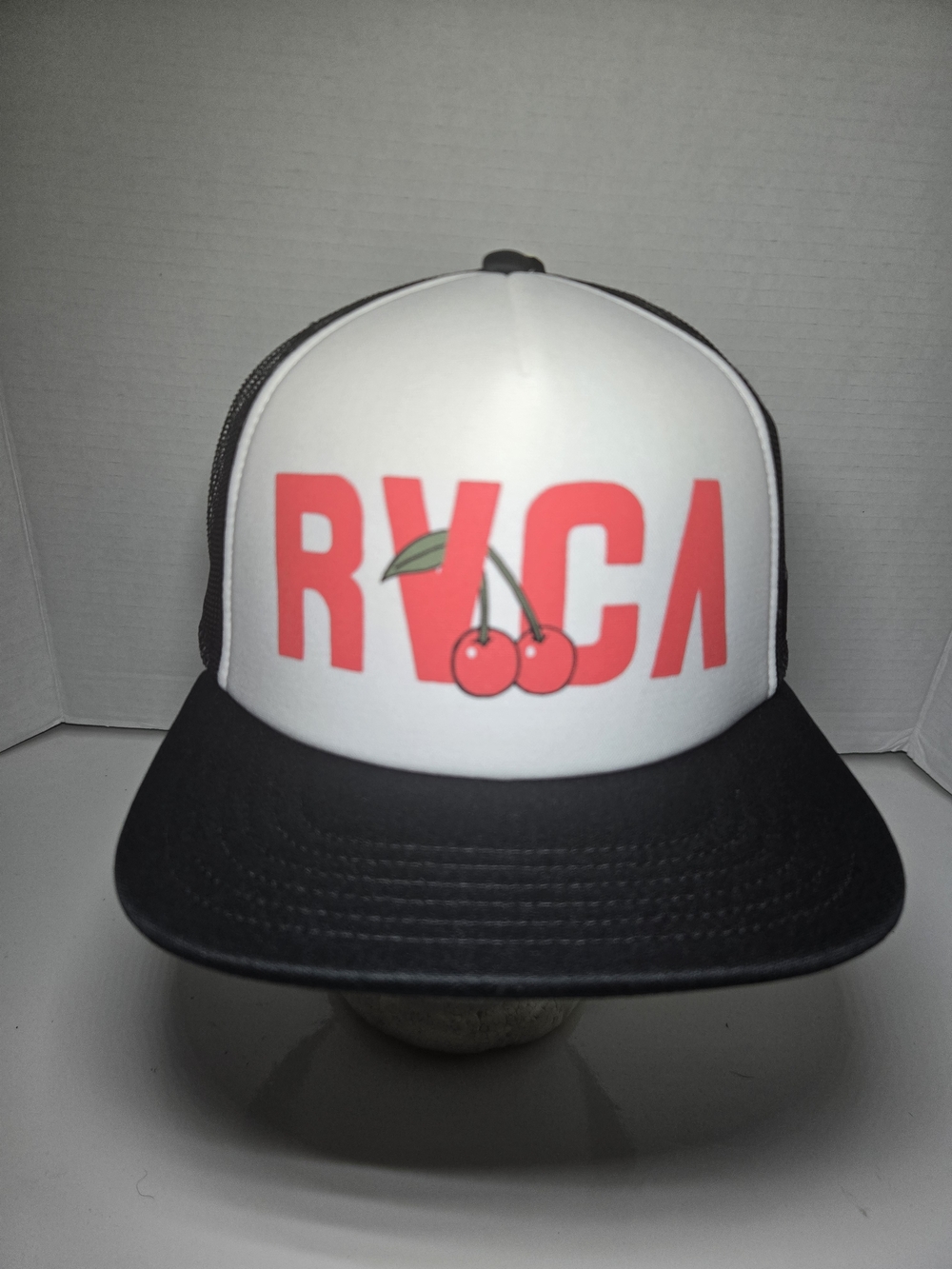 New RVCA  White Front Black Trucker Hat with Red Cherry Logo